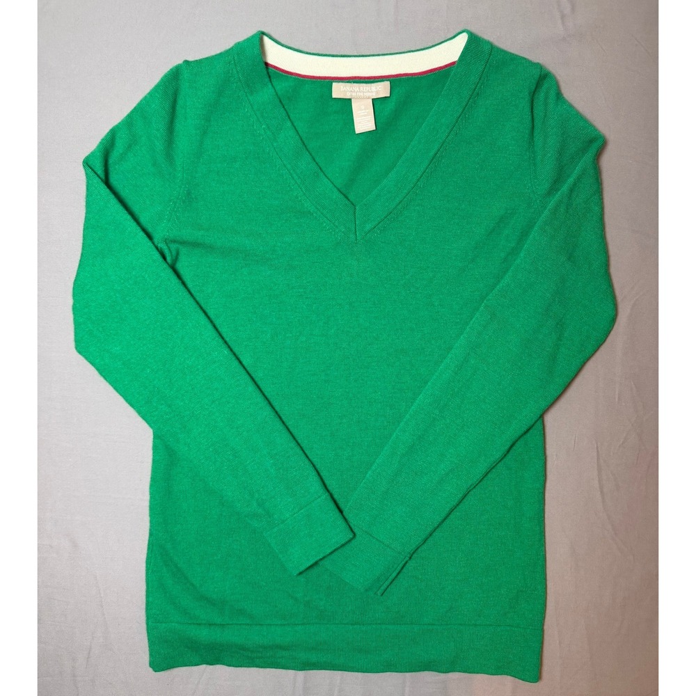 Banana Republic Extra Fine Merino Wool V-Neck Sweater Green Brilliant Jade S